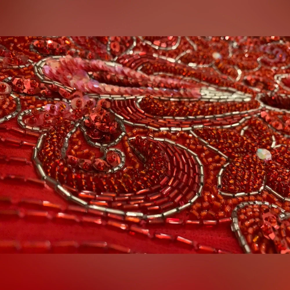 Vintage Red Silk Beaded Gown Intricate Platinum Fringe Short Sleeve Size 14. - Picture 11 of 16